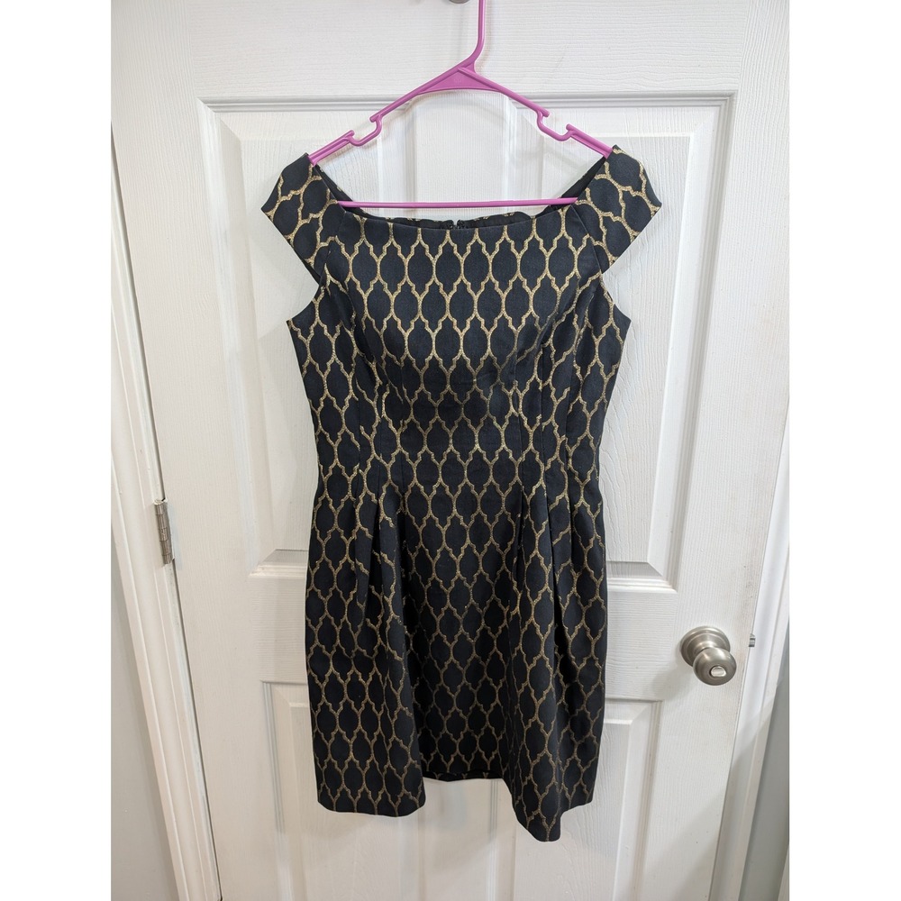 Vince Camuto Jacquard Fit & Flare Dress Women Black Gold Metallic - Size 8